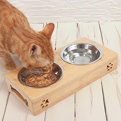 Sage Premium Pet raised bowls, raised support in solid bamboo with stainless steel food bowl, for cats and puppies (2 bowls).. DIAYTAR NIGERIA delivers on our promise of extensive selection and budget-friendly nationwide shipping.