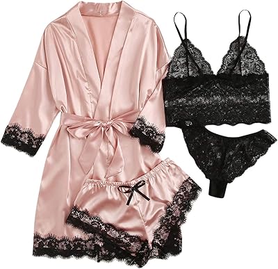 4 -piece floral lace 4 -piece pajamas for women with dress, pink, one waist.. Quick delivery. Quality products. Great deals. That’s DIAYTAR Nigeria.