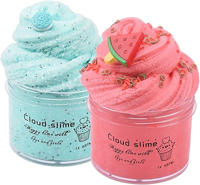 A set of two pieces of slime in the shape of a cloud, blue Oreo, with red watermelon ornaments, with glitter, for girls and boys, expandable, cotton, clay, crafts and children's birthdays... DIAYTAR NIGERIA: Empowering Nigerians with access to affordable products delivered within 8 days.