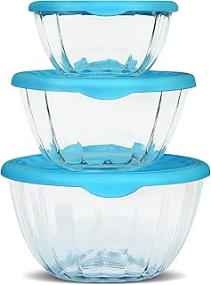 A set of 3 glass conservation containers with rosetta lids, safe for microwave use, lead for the freezer, and plastic covers with the best materials (blue cover color).. Experience the joy of convenient shopping with DIAYTAR NIGERIA's vast selection and quick delivery service.