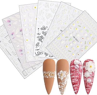 Alykon 5D Holographic in Relief Flower Nail Art Stickers, real self-adhesive nail art supplies Design of 3D white lace flowers for decoration of DIY acrylic nails, 6 sheets.. Explore fashion, tech, home goods, and more on DIAYTAR Nigeria — always affordable, always fast.