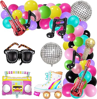 Set of celebration decorations from the 80s and 90s, Boom Box radio, 139 pieces, 4D disco roller skates, aluminum balloons, retro, mobile phone, guitar, microphone, garland, arc kit, Hip Hop Fever birthday party decoration.. DIAYTAR NIGERIA delivers what you want at prices you'll love, all within 5-8 days nationwide.