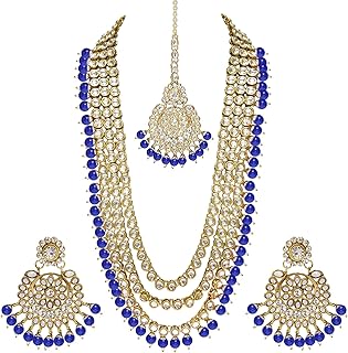 Bollywood Kundan Set of 18 -carat -plated Indian Gold Gold jewelry with a long collar studded in pearls.. DIAYTAR NIGERIA: Where shopping meets satisfaction with affordable prices and reliable 5-8 day shipping.
