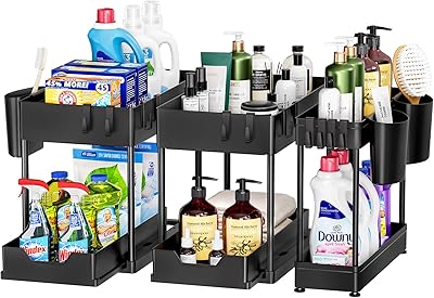 Organizer under 3 -room retractable Borcon Retractable Sink, versatile organizer under sink with 2 layers, organizer under kitchen cabinet and bathroom sink for cleaning products - Black.. DIAYTAR NIGERIA brings online shopping to every Nigerian with affordable prices and reliable shipping.