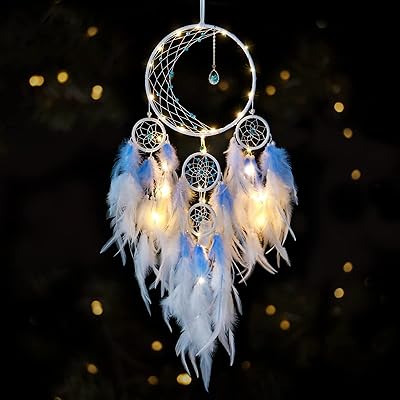 LED dreams in the shape of a moon in semicircle with feathers made by hand, dream catcher for bedroom, interior decoration, wedding, artisanal gift (blue).. From Lagos to Kano, DIAYTAR Nigeria delivers across Nigeria in days.