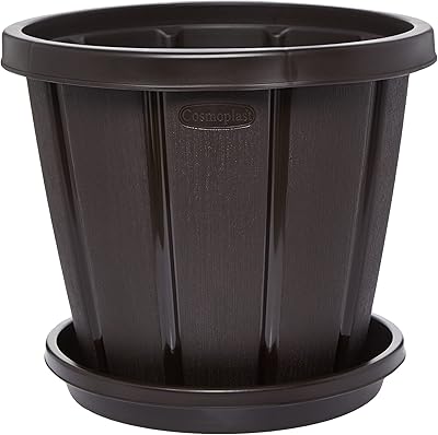 Cosmoplast cedar -style Round flower jar with 10 inch - dark brown, 10 inches tray.. DIAYTAR NIGERIA stands as your affordable shopping ally with nationwide delivery in just 5-8 days.