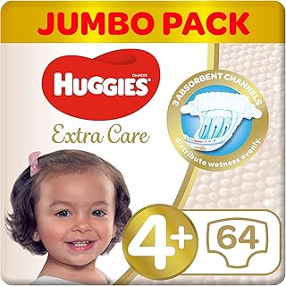 Extra Care Huggies layers, size 4+, 10-16 kg, 64 pieces.. DIAYTAR NIGERIA brings affordable shopping solutions to every corner of Nigeria in just 5-8 days.