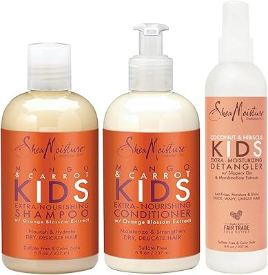 Set of hair care for children Shea Moisture-includes an ultra-nourishing shampoo with mango and carrot 8 Oz, an extra nourishing conditioner for children 8 Oz and a pitting-wrapper with coconut and 8 oz hibiscus.. DIAYTAR NIGERIA: Simplifying access to thousands of products with affordable nationwide shipping.
