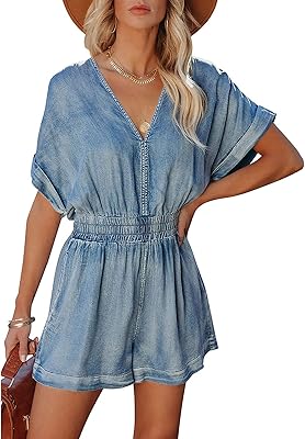 Short combination of jeans for women, V -neck, short sleeves, vintage, wide pockets, summer.. DIAYTAR NIGERIA: Where every shopping need is met with affordable prices and timely delivery.