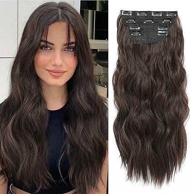 Clip hair extensions, 4 pieces, natural brown hair extensions, long and wavy, full head, hair extensions in synthetic fibers for women.. DIAYTAR NIGERIA puts thousands of products at your fingertips with affordable prices and delivery within a week.