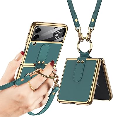 Rigid luxury galvanized leather protection case with camera cover, shock -resistant portable portable protective case with strap for samsung galaxy z flip 3 (green).. Your ultimate shopping destination, DIAYTAR NIGERIA combines extensive selection with affordable shipping.