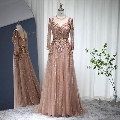 Luxury evening dresses in pink gold from Dubai, elegant formal dress with long sleeves for women for weddings.. With DIAYTAR Nigeria, your wishlist becomes reality, fast.