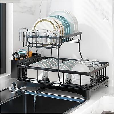 Disiblier drainer with 2-level drainer, large dishwashing drainer with removable cutting board and cooking cup holder (black).. Your e-commerce hub for everything — DIAYTAR Nigeria has you covered.