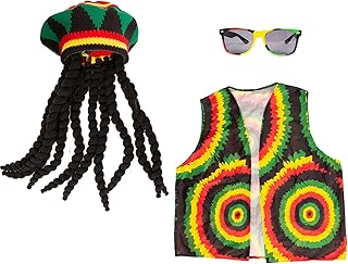 Rasta hat with black braids - 3 -room set - reggae hat, vest and sunglasses - Jamaican fashion accessories.. DIAYTAR Nigeria: Great value, fast delivery, and endless options.