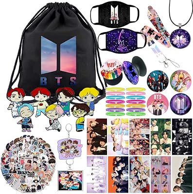 Gift box for BTS army fan - includes a cord backpack, stickers, m mask, cord, keychains, bracelets and pins with buttons.. Experience the future of online shopping with DIAYTAR NIGERIA's extensive product range and competitive pricing.