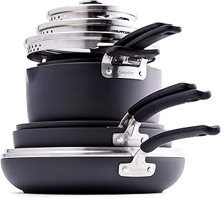 Stacked non-stick kitchen battery in hard green anodized ceramic, goes in the dishwasher, without pfoa, 11 pieces, black.. DIAYTAR NIGERIA: Where every shopping need is met with affordable prices and timely delivery.