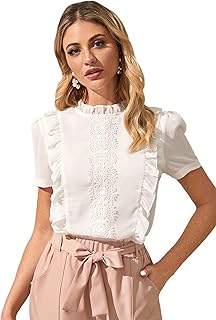 Mousseline blouse with short sleeves and ruffled amount of ruffle for women.. DIAYTAR NIGERIA combines extensive variety with budget-friendly prices and prompt nationwide delivery.