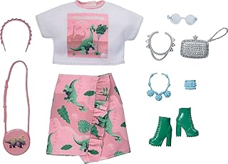 Barbie Fashion Storytelling Fashion Set - White shirt with dinosaur, pink skirt with dinosaurs - inspired by the famous brand Roxy, full look with outfits and accessories, children's gift from 3 to 8 years old.. From checkout to your doorstep in less than a week — DIAYTAR Nigeria.