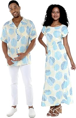Hawaiian shirt for couple or long single dress with Pacific palm cream.. Shop with confidence at DIAYTAR NIGERIA, enjoying competitive prices and delivery within 8 days.