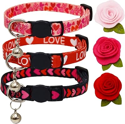Set of 3 Valentine's Day cat necklaces with removable flower and bell, adjustable safety necklaces with black, pink and red love print.. Order today, receive in days — DIAYTAR Nigeria makes it possible.