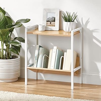 Fordern metal side table with storage shelf - 2 levels - Use in the bathroom, kitchen, entrance, corridor, bedroom, laundry room (white/modern oak).. Discover endless possibilities with DIAYTAR NIGERIA's comprehensive catalog and budget-friendly delivery.