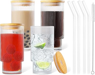 Set of 4 ribbed cups with bamboo lids and glass straws, cups in transparent origami fluted glass for juice, beer, iced coffee, tea, cocktails (12 oz).. Experience retail therapy without the financial stress at DIAYTAR NIGERIA's affordable e-commerce platform.