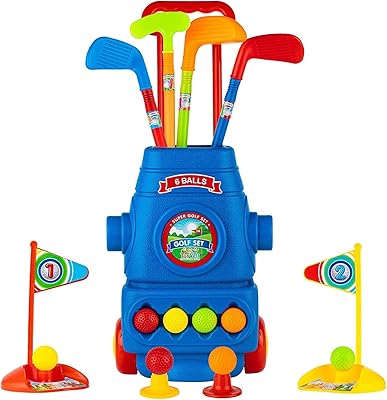 Set of children's golf clubs with wheels, 4 colorful golf clubs, 6 balls and 2 training holes, a set of fun sports games for boys and girls who promote physical and mental development, 2021 edition.. DIAYTAR NIGERIA: Where shopping is affordable, selection is vast, and delivery is always reliable.