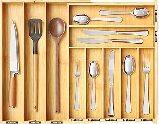 Spaceaid Drawer organizer for bamboo cutlers with labels, stretch support for kitchen utensils for cutlery, spoons and knives (natural, 10 locations).. DIAYTAR NIGERIA transforms online shopping with competitive prices and dependable nationwide delivery.