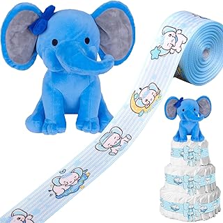 Looking toy supplies for elephant cake, including elephant plush animals, a large-girge-like ribbon, soft elephant stuffed toys and a coarse-shaped ribbon printed on one side for decoration of prenatal birthday gift cake.. DIAYTAR NIGERIA delivers satisfaction with every purchase through our affordable and reliable service.