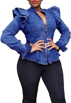 Depracted denim jacket for women - long -sleeved denim jacket with flip and ruffle shoulders, large peplum coat.. DIAYTAR NIGERIA: Where every Nigerian finds what they need at prices they can afford, delivered promptly.