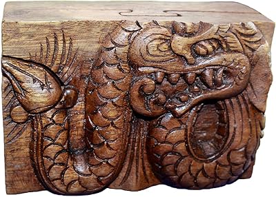 Wooden decorative puzzle box with dragon and secret storage sculpted by hand.. DIAYTAR NIGERIA brings affordable shopping to your fingertips with reliable delivery in less than 8 days.