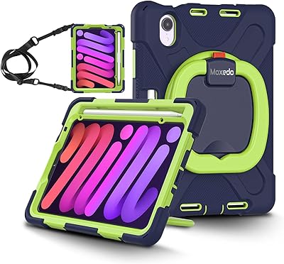 Moxido-resistant colored colored protective case with 360-degree rotary crutch, shoulder strap and holder for children compatible with Apple iPad Mini 6 (navy blue/lemon).. DIAYTAR NIGERIA: Where every search leads to affordable products delivered promptly across Nigeria.