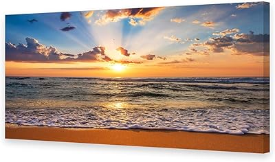 Large impression on canvas Moluna Sunrise, Ocean and Beach, 1 panel, modern wave scene for the decoration of the office and the house, tense and framed, ready to be hung BK1850.. DIAYTAR NIGERIA: Bringing quality products to your doorstep at prices that won't break the bank.