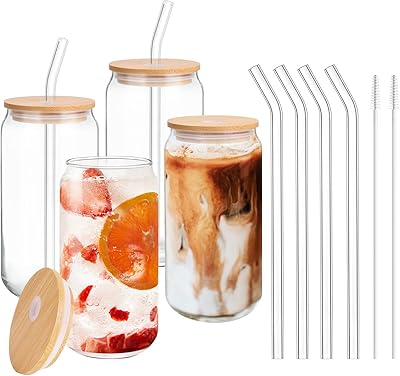 Glass drinking pots with bamboo lids and glass straws, batch of 4, glass cups of 16 oz, glass cups in glass with lids, juice cup, cocktail, whiskey - 2 cleaning brushes.. Experience shopping freedom with DIAYTAR NIGERIA's vast selection and 5-8 day nationwide delivery service.