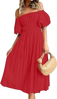 Summer mid-length summer dress with ruffles and puffy sleeves for women, bare shoulders, with pockets.. Discover endless possibilities with DIAYTAR NIGERIA's extensive product range and affordable shipping.