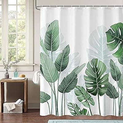 Showering curtain in waterproof fabric for bathroom with 12 hooks, bath curtain with pattern from tropical green plants for laundry room, 180 x 200 cm.. Your shopping aspirations fulfilled at DIAYTAR NIGERIA with competitive prices and reliable delivery.