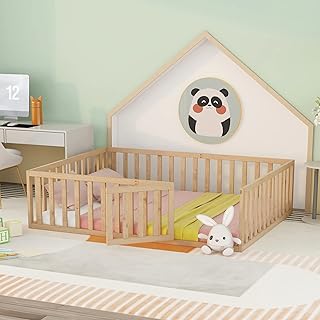 Queen size wooden bed frame with open row with safety barrier and small fun door, for toddlers, natural.. Find everything you need at prices you'll love with DIAYTAR NIGERIA's comprehensive e-commerce platform.