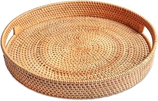 Round rattan service tray for hand-woven with Ottoman wicker handles for breakfast, drinks, snacks, bread, fruits and vegetables for decorating the coffee table (L).. Reliable delivery, all over Nigeria — that’s DIAYTAR Nigeria promise.