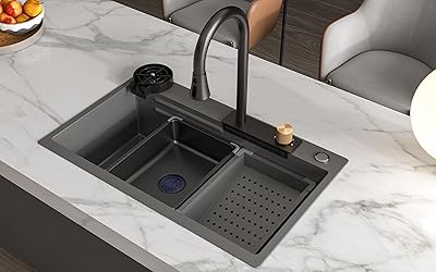 Improved stainless steel meg kitchen sink with washing machine, integrated cascade and retractable tap, large sink with nano coating, gray.. DIAYTAR NIGERIA brings the marketplace home to you with affordable prices and delivery in 5-8 days.