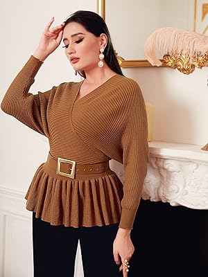 PSAMPA Overlap Collar Dolman Sleeve Peplum Pull Without Celebrate Boarse For Ladies (Color: Brown, Size: L).. DIAYTAR NIGERIA: Your trusted e-commerce partner with extensive product choices and affordable delivery.