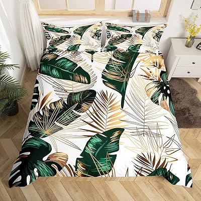 Bed set Tropical leaves, branches of golden green leaves, duvet cover for children, botanical leave pattern, duvet cover, summer bed cover, duvet cover, 2 rooms, one waist.. DIAYTAR NIGERIA: Revolutionizing how Nigerians shop with affordable prices and prompt delivery services.