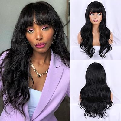 Black wig with bangs long black wigs for wavy women.. DIAYTAR NIGERIA revolutionizes online shopping with competitive prices and reliable 5-8 day delivery.