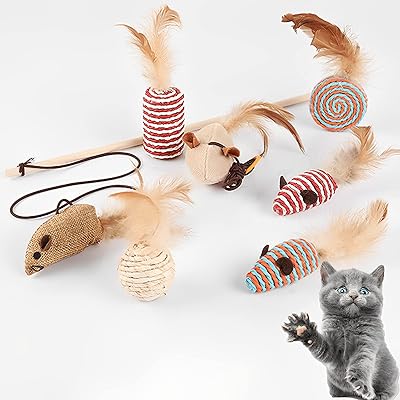 Set of cat toys 7 pieces, I-Cote interactive toys for interior cats, wooden stick with feathers, soft mouse balls and toy bells for kittens and puppies.. DIAYTAR NIGERIA: Where affordability and variety meet with convenient delivery within 8 days.