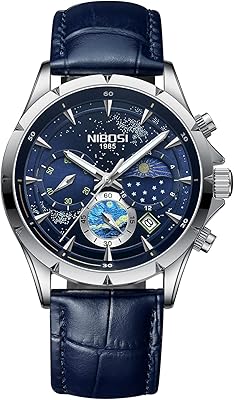 Analog quartz watches with starry dial for men, elegant chronograph watch in waterproof leather with stainless steel calendar.. DIAYTAR NIGERIA connects you with thousands of products at competitive prices, delivered within a week.