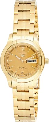 Automatic watch Seiko 5 for women with golden dial and golden stainless steel bracelet, Syme02 model.. DIAYTAR NIGERIA connects you with thousands of products at competitive prices, delivered within a week.
