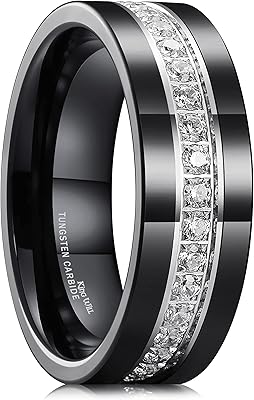 Men's ring in tungsten carbide black polished 8 mm dotted with gem cubic zirconia stones, tungsten carbide, cubic zirconia.. Forget the long lines — DIAYTAR Nigeria is always open for shopping.