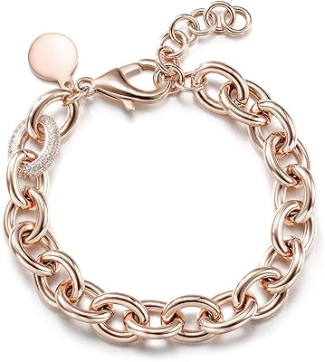 CZ bracelet for women and girls, large Cuban links, Italian style oval bracelet, adjustable chain in stainless steel plated pink gold with round disk charm.. Your everyday shopping companion, DIAYTAR NIGERIA offers unbeatable value with nationwide delivery.