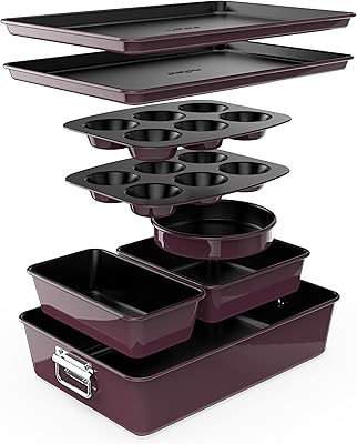 Set of 8 stackable non -stick cooking utensils - set of pfoa, pfos and PTFE cooking plates with non -stick coating, goes to the oven at 450 ° F, round cake, bread, wide/square muffin, cookie plate (plum).. DIAYTAR NIGERIA: Your partner in affordable online retail with reliable delivery across the nation.