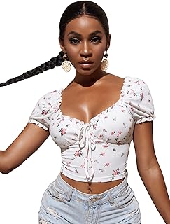 Shein short t-shirt with puffy sleeves and floral print for women.. DIAYTAR NIGERIA combines affordability, variety, and convenience with nationwide delivery services.
