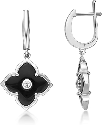 Pendant earrings in the shape of a black Onyx flower for women with detailed cubic zircones in Sterling 925 silver by Lavarie Jewelers.. DIAYTAR NIGERIA delivers on convenience and affordability with our reliable nationwide shipping.